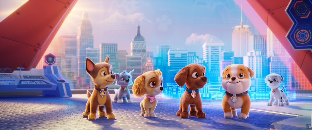 L-R: Chase (voiced by Iain Armitage), Rocky (voiced by Callum Shoniker), Skye (voiced by Lilly Bartlam), Zuma (voiced by Shayle Simons), Rubble (voiced by Keegan Hedley), and Marshall (voiced by Kingsley Marshall) in PAW PATROL: THE MOVIE from Paramount Pictures. Photo Credit: Courtesy of Spin Master.